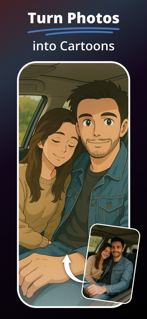 MePic－AI Photo Video Generator - This tool masterfully converts an ordinary photo of a couple into a stylized cartoon rendering, showcasing the original image alongside its animated counterpart.