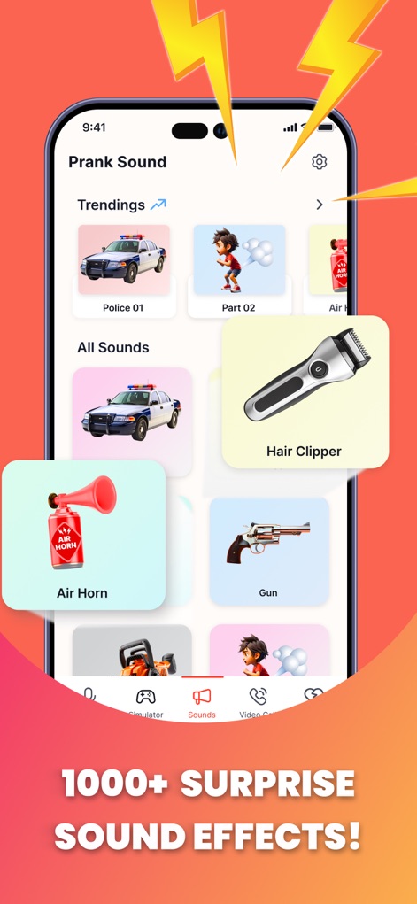 OMG Prank App Prank Sounds - This tool showcases a vast array of prank sound categories like 'Trendings' and 'All Sounds', providing users with instant access to popular effects such as 'Hair Clipper' and 'Air Horn'.