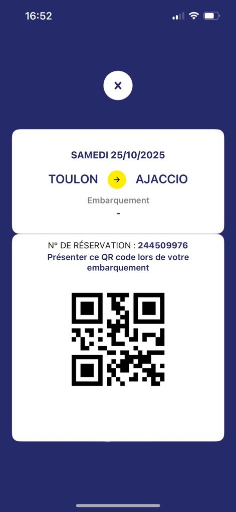 Corsica Ferries - The app presents a digital boarding pass with a large, scannable QR code and essential journey information like the 'TOULON -> AJACCIO' route, eliminating the need for printed tickets.
