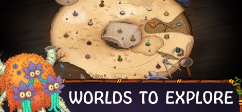 My Singing Monsters - 複数の島々が点在する広大な世界地図が提示されており、プレイヤーが探索できる未開の地や新しい冒険の機会を示唆しています。