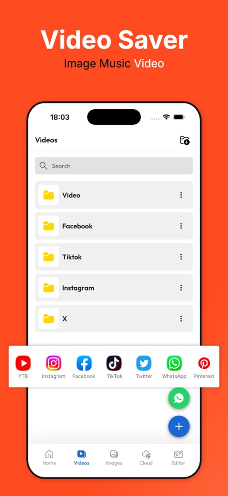 Video Saver : Offline , Files - Esta interface apresenta a organização intuitiva de vídeos em pastas dedicadas, como 'Facebook' e 'Instagram', facilitando a gestão do conteúdo de diversas plataformas sociais e a navegação por 'Videos'.