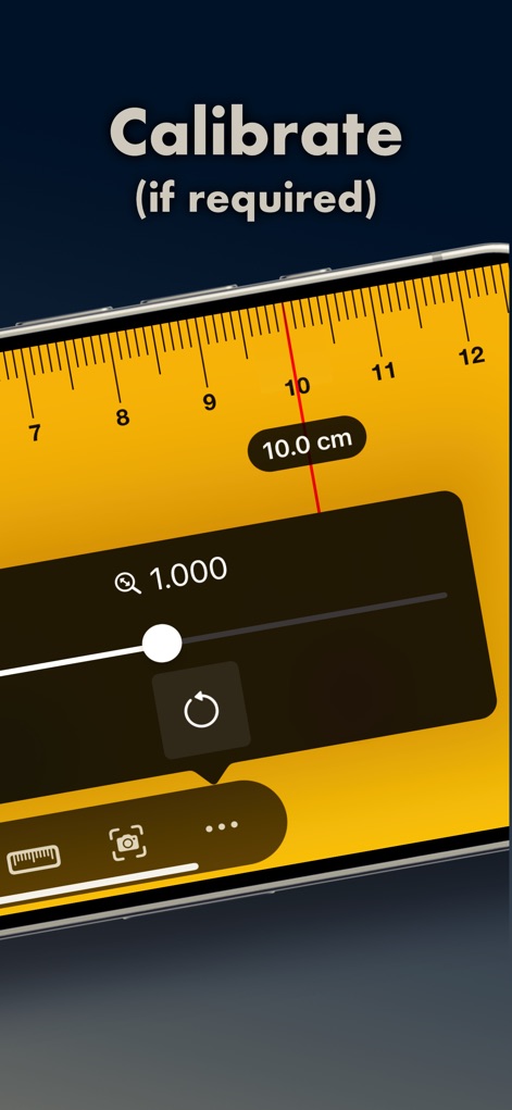 Ruler, Measuring Tape - AR App - 이 앱은 정밀한 10.0 cm 측정값을 표시하며, 필요에 따라 'Q 1.000' 슬라이더와 새로고침 버튼을 사용하여 간편하게 보정할 수 있습니다.