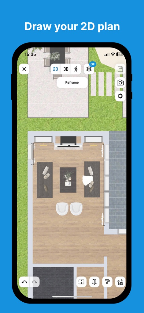 HomeByMe - House Planner 3D - The app provides a clear 2D plan interface, enabling users to precisely draw and adjust layouts with an intuitive top-down view and outdoor landscaping.
