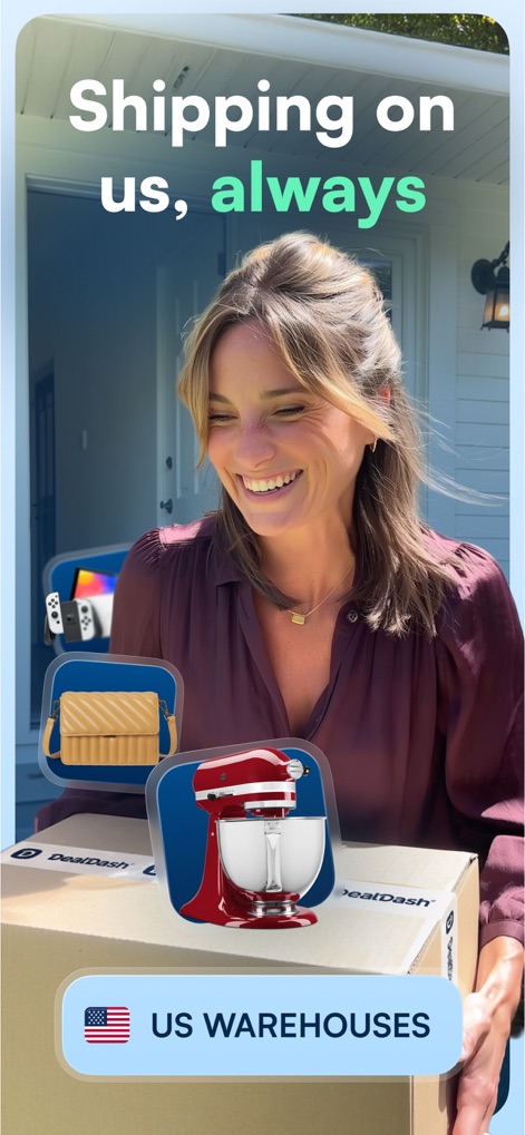 DealDash - Bid & Save Auctions - The app emphasizes hassle-free delivery by highlighting "Shipping on us, always" and the use of "US WAREHOUSES" for efficient service.
