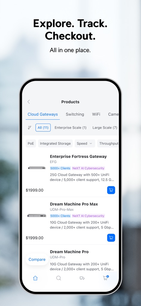 UniFi Store - Users can apply advanced filters like 'Enterprise Scale' for precise product identification and view critical specifications such as 'Next AI Cybersecurity' features.
