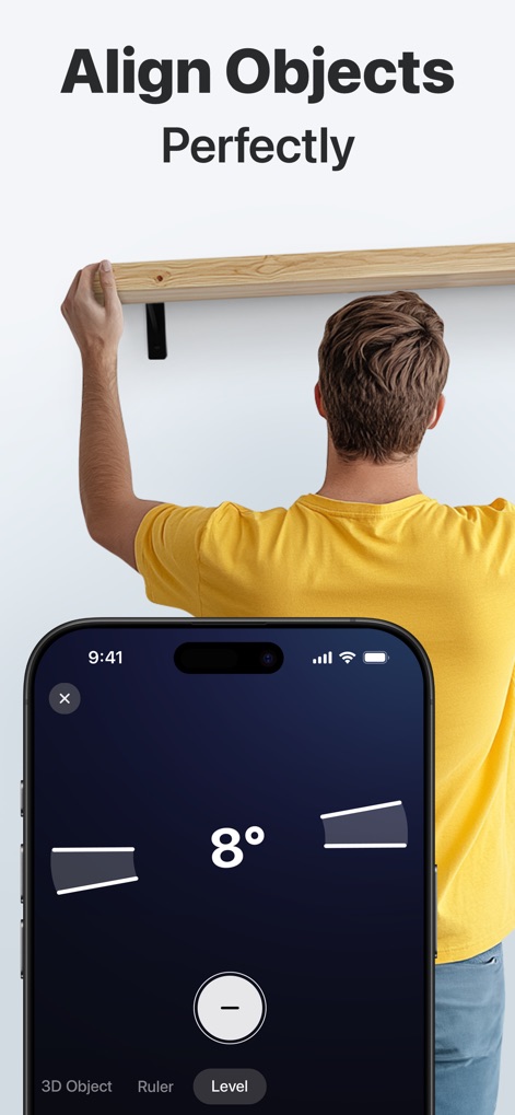 3D Snap: LiDAR Scanner & Ruler - The app provides a digital level for perfect alignment, showing an 8-degree tilt indication and demonstrating practical use for hanging shelves or art.