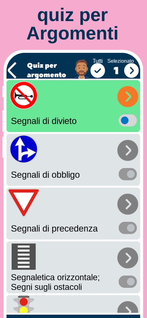 Italian Driving Quiz – Drivoo - 이 앱은 'Segnali di divieto' 및 'Segnali di obbligo'와 같은 주제별 퀴즈 목록을 제공하여 사용자가 약점을 집중적으로 훈련할 수 있게 하며, 각 항목 옆의 토글 스위치로 학습 여부를 조절할 수 있습니다.