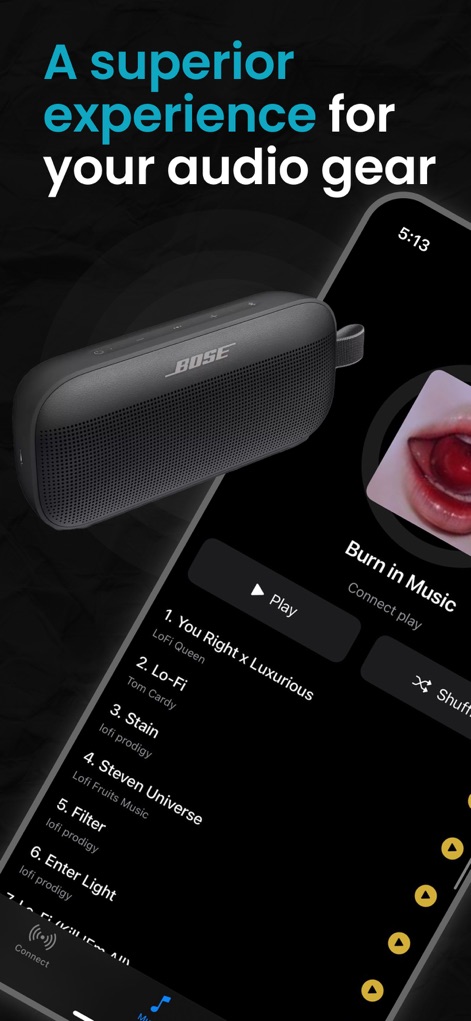 Connect headphones and speaker - Experience streamlined audio control as the app displays the current track list and offers intuitive playback options within its sleek dark mode interface.