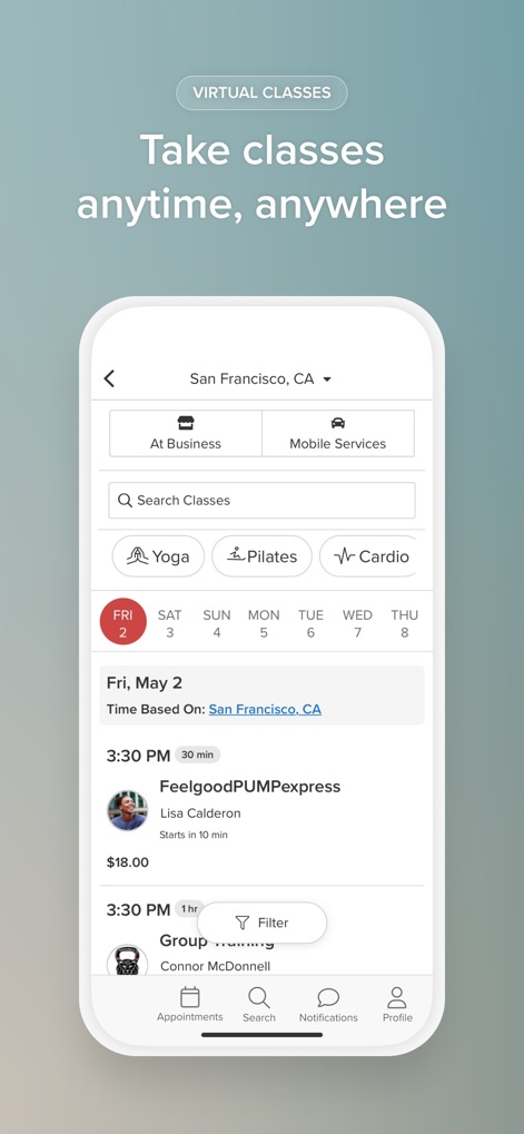 Vagaro - Users can browse and book virtual classes, viewing specific dates and times, and filter by types such as 'Yoga' or 'Pilates'.