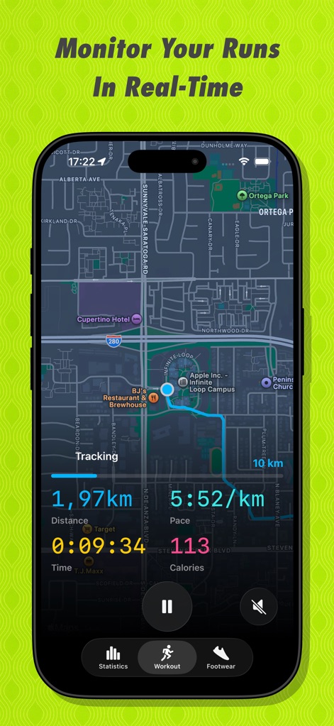 RUN — Running Club & Tracker - Users can observe their precise route on a live map and view crucial real-time statistics such as current pace and elapsed time during their workout.