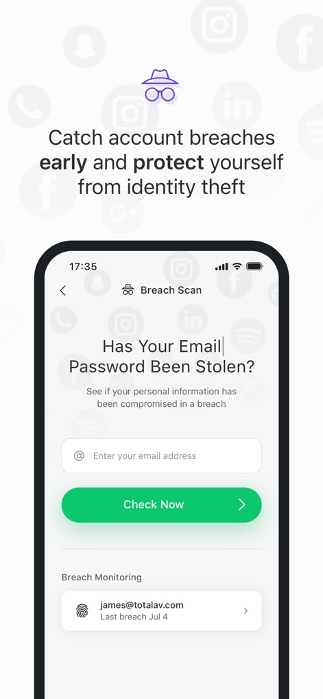 TotalAV - Users can quickly check their security with the "Has Your Email Password Been Stolen?" prompt and monitor past incidents in the "Breach Monitoring" section.