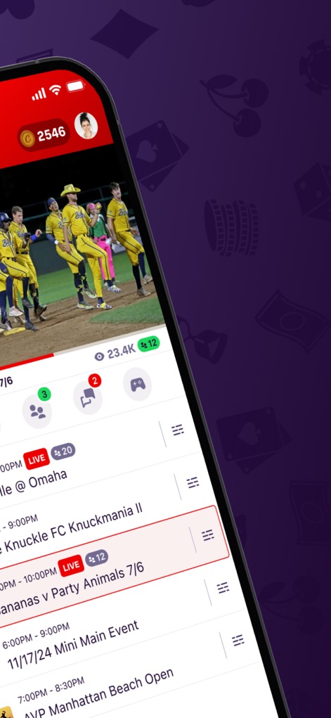 Bally Sports Live - Mentre gli utenti seguono un evento dal vivo, come la partita della Banana Ball, l'interfaccia superiore mostra i Bally Coins guadagnati e il profilo utente, integrando il sistema di ricompense direttamente nell'esperienza di visione.