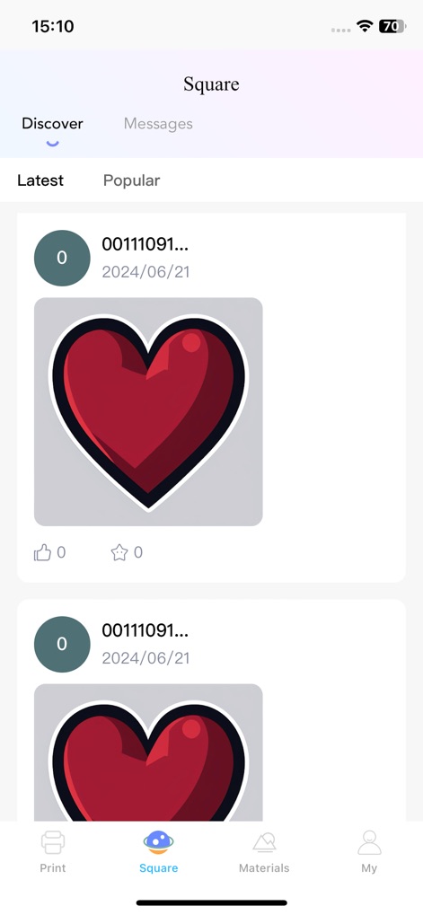 Tiny Print - Explore a dynamic 'Community Showcase' where users share their artistic endeavors, featuring popular designs like the vibrant heart graphic and fostering global creative exchange.