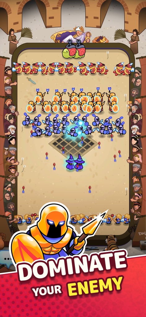 Draft Showdown - Users can witness tactical supremacy as diverse unit types like armored warriors and magical mages strategically clash within vibrant arena settings, aiming for total dominance.