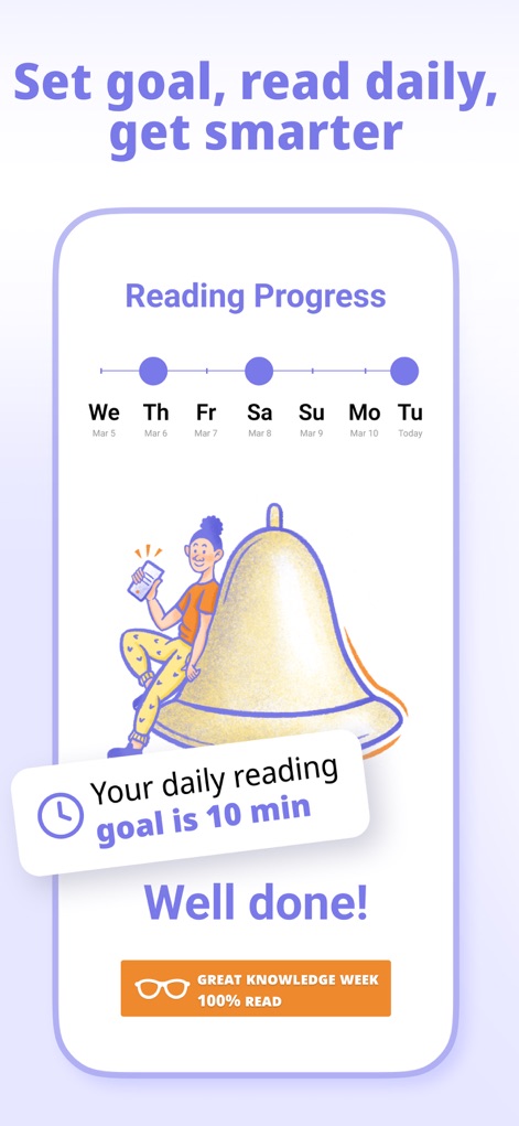 Nerdish: Daily Smart Learning - Users can set "Your daily reading goal is 10 min" and track their consistency through the visual "Reading Progress" calendar for motivated learning.