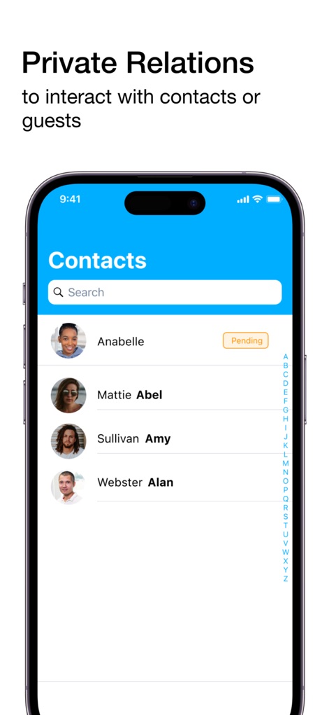 twinme private messenger - La gestión de relaciones se realiza mediante una "lista de contactos" clara con fotos de perfil, complementada por una "barra de búsqueda" superior para localizar usuarios eficientemente.