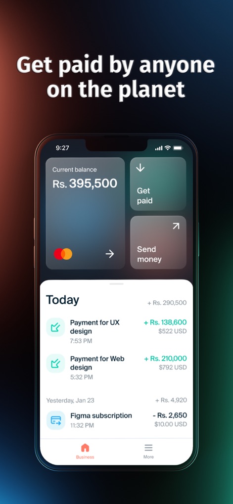SadaPay: Money made simple - Observe how the app facilitates international payments, featuring a 'Get paid' button and received payments listed with both PKR and USD amounts.