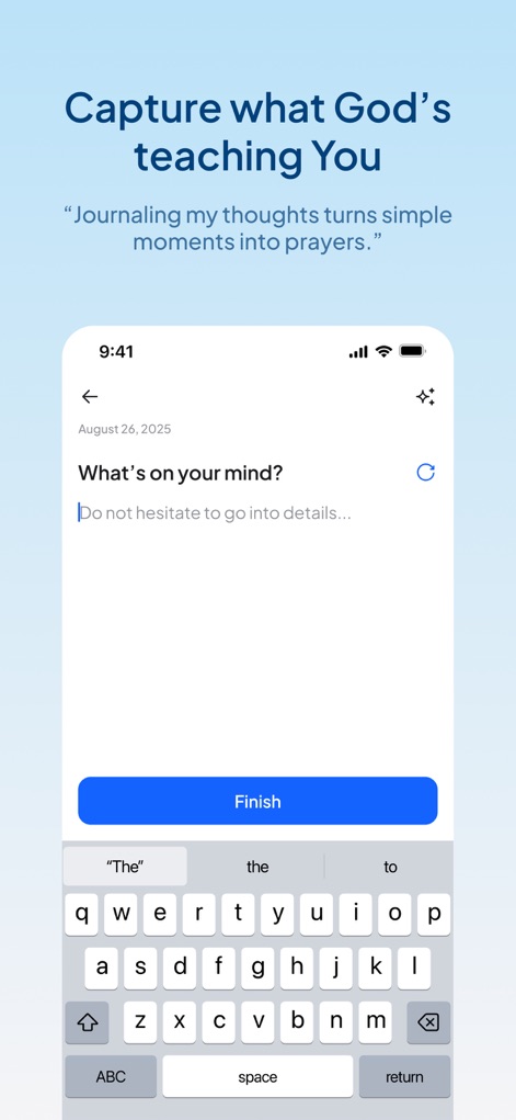 Duomo: Bible & Daily Devotions - The app provides a dedicated journaling interface with a structured prompt and a date-stamped entry system for personal reflection.