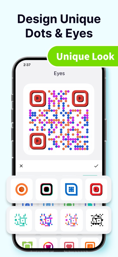 QR Code Generator, QR Template - L'application propose des options de design distinctes pour les "yeux" et les motifs du code QR, permettant aux utilisateurs de créer des visuels uniques et mémorables qui se démarquent.