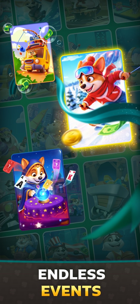 Solitaire Infinite: Win Cash - This visual showcases the wide array of themed events available and the unique animated characters associated with each.