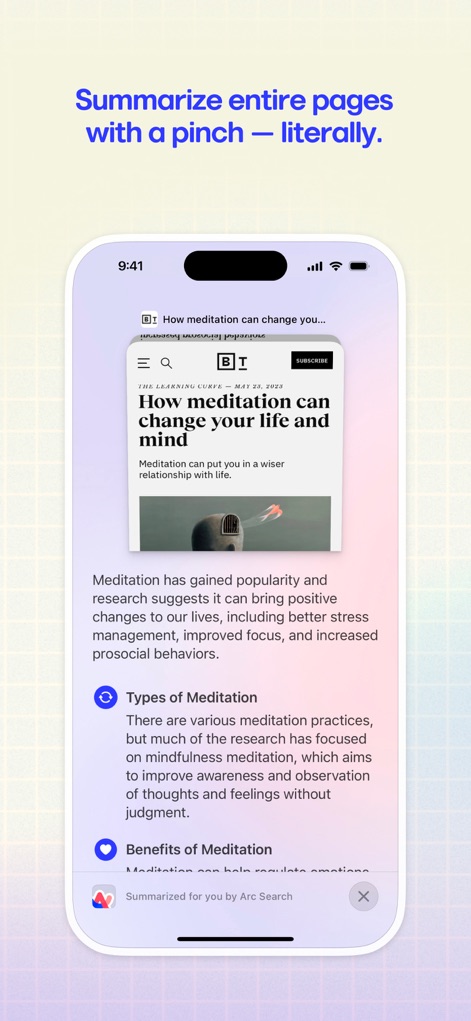 Arc Search — Find it, Faster - Witness the app's ability to condense lengthy web pages into concise insights, with key sections like "Types of Meditation" and "Benefits of Meditation" highlighted for quick comprehension.