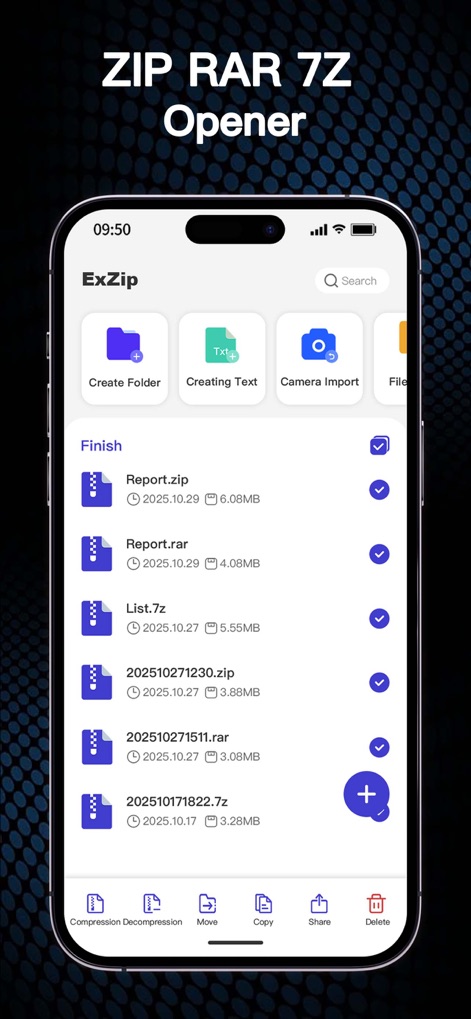 Zip, RAR, 7z File Extractor - Users can effortlessly select multiple files using the prominent checkboxes and utilize the robust bottom action bar for compression, decompression, and deletion.