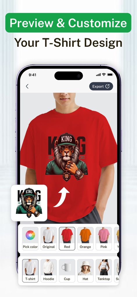 T Shirt Designer AI Design - Os usuários podem pré-visualizar seus designs em mockups de produtos realistas, como uma camiseta vermelha com a ilustração de um leão, e selecionar diferentes cores e tipos de vestuário.