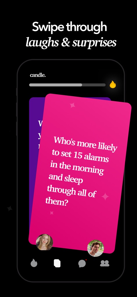 Candle: Couples & Relationship - Experience the interactive 'card-swiping interface' for games, presenting fun questions like 'Who's More Likely' to spark laughter and connection.