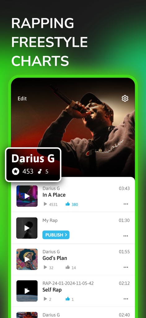 Self Rap - Fame Rapping Studio - L'app permette agli utenti di pubblicare le proprie creazioni con il pulsante 'PUBLISH' e di visualizzare il loro posizionamento nelle classifiche, come mostrato dalle icone di riproduzione e dai conteggi di interazioni.