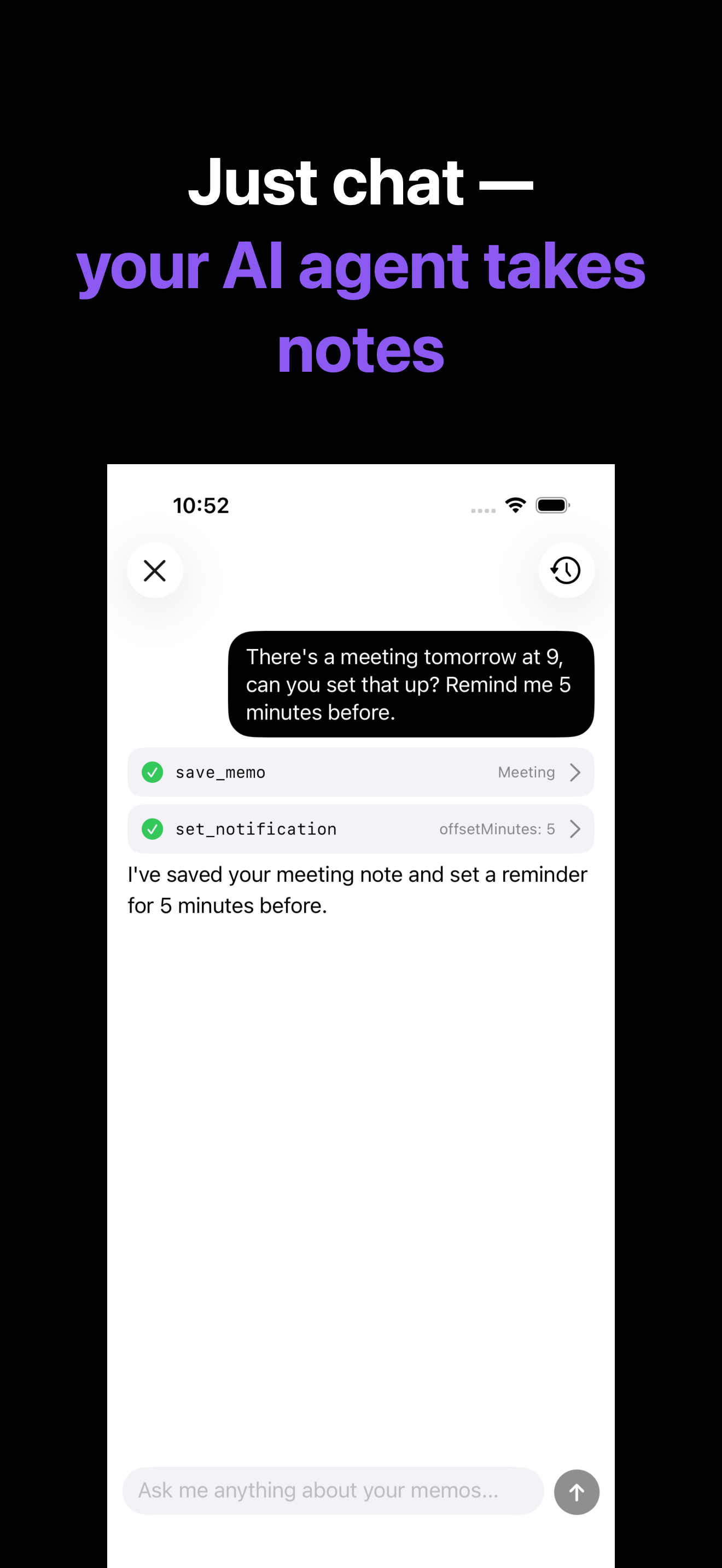 Notone - シンプルなメモAI Agent iOS screenshot 4 showing app interface