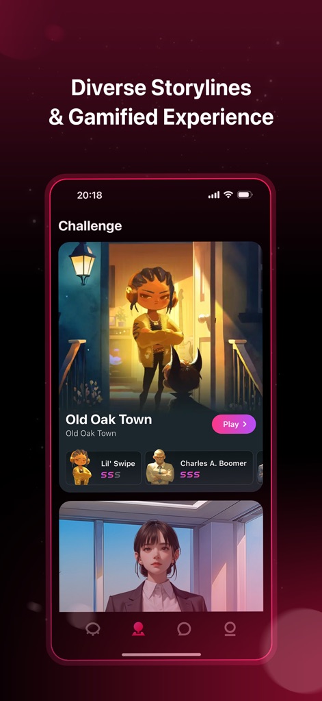 SoulTalk: AI Friends Chat - Discover engaging gamified challenges and diverse storylines, presented with clickable 'Play' buttons and unique character icons that hint at the narrative depth.