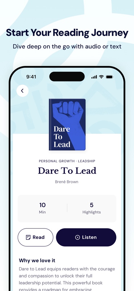 GrowMe: Micro Learning Daily - The app offers flexible consumption options, with prominent 'Read' and 'Listen' buttons for each book, complemented by concise 'Min' and 'Highlights' counts to inform users.