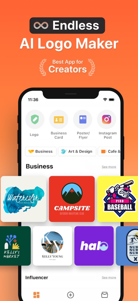 Boon: AI Logo Maker & Design - Die App präsentiert eine beeindruckende Auswahl an Logo-Vorlagen, kategorisiert für Geschäftsfelder wie 'Business' und zeigt vielfältige Designs von Aquarell- bis hin zu thematischen Icons.