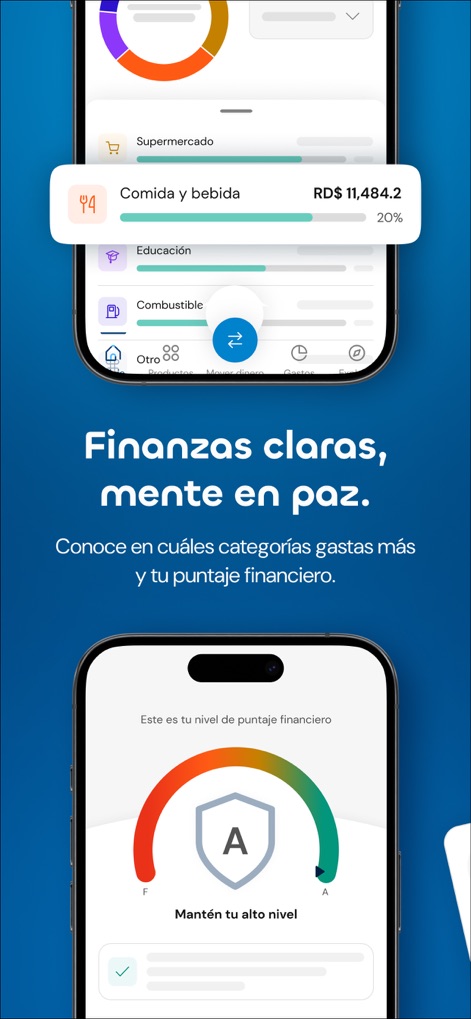 Qik Banco Digital - This tool provides clear financial overviews, categorizing expenses such as "Comida y bebida" and displaying a personalized financial score (e.g., 'A' grade).