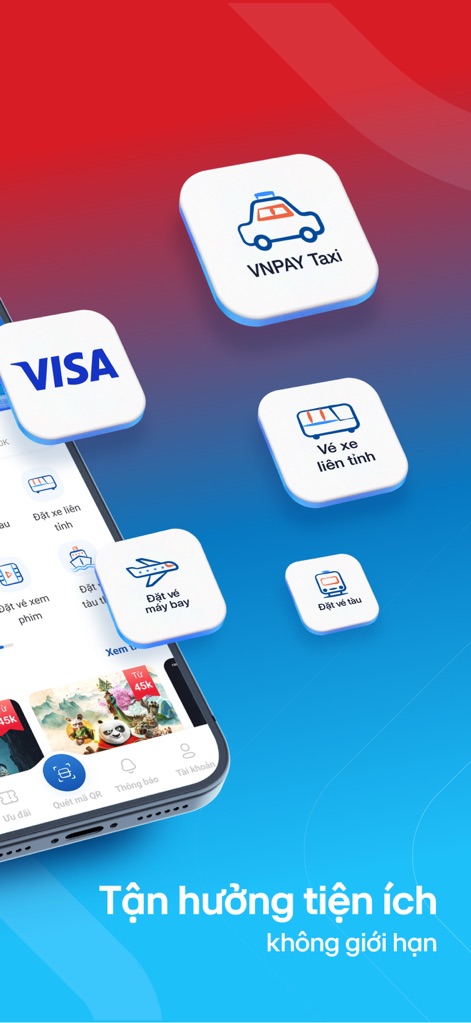 VNPAY App - Explore the vast array of services available, from booking 'VNPAY Taxi' rides to managing payments with integrated 'VISA' options.
