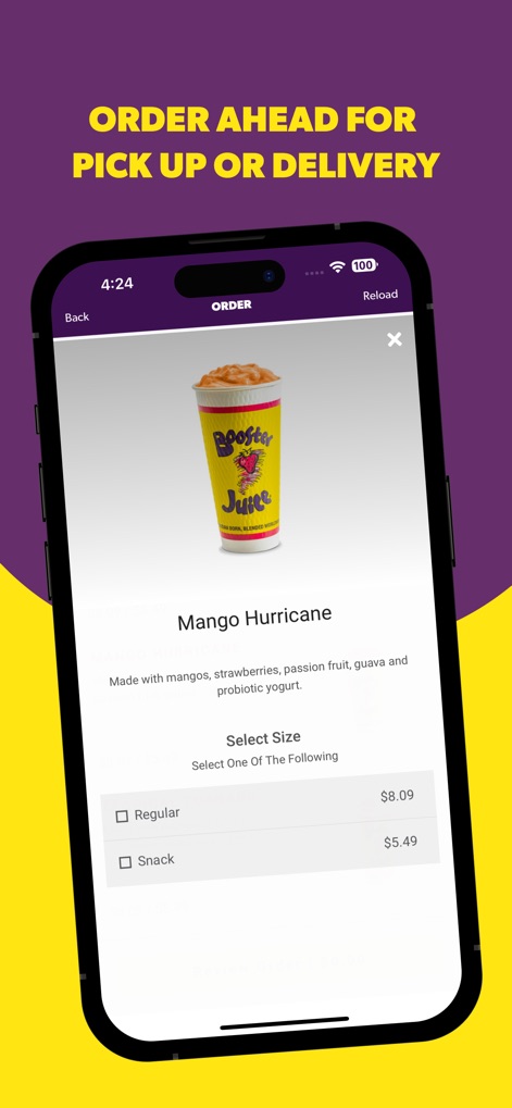 Booster Rewards - The app offers a clear product display, including an image of the 'Mango Hurricane' smoothie, and straightforward size selection for easy customization.