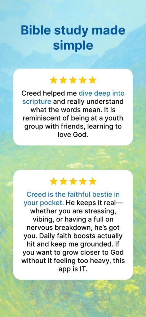 Creed: Bible Chat & Companion - This section showcases authentic user testimonials that highlight the app's effectiveness in simplifying scripture engagement and fostering a sense of faithful companionship.