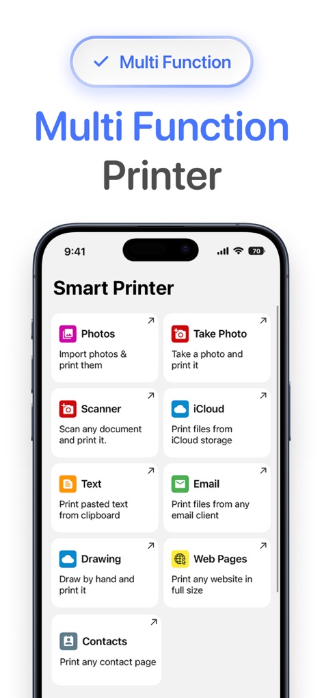Smart Printer App for HP · - The app's dashboard showcases its versatile capabilities, offering direct access to print options for Photos, iCloud files, and more, alongside a dedicated Scanner function.