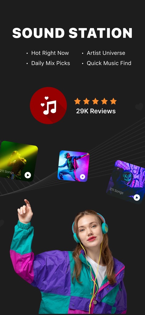 RYT - Music Player - Esta vista principal presenta la "Sound Station", ofreciendo categorías de descubrimiento como "Hot Right Now" y una visualización intuitiva de carátulas de álbumes para una navegación sencilla.