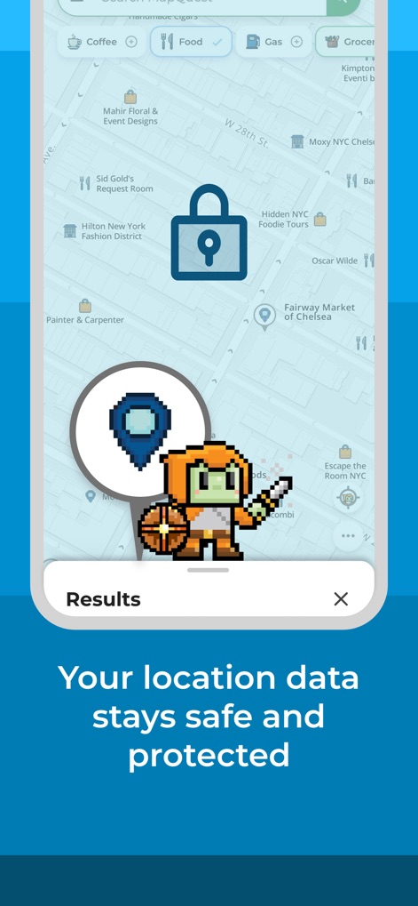 MapQuest GPS Navigation & Maps - Note the prominent lock icon indicating data security and the pixel art knight character symbolizing the app's commitment to protecting user location data.