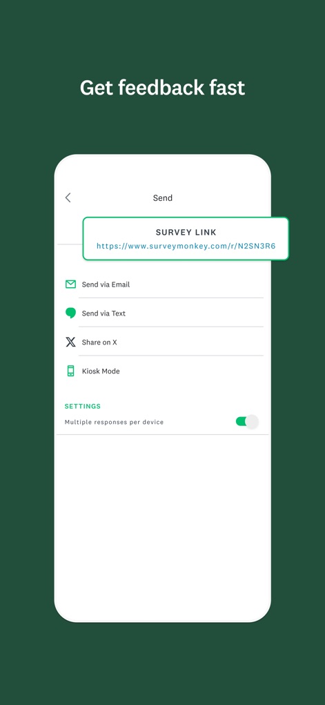 SurveyMonkey - Share surveys efficiently through direct links and multiple distribution channels, including "Send via Email" and "Share on X".