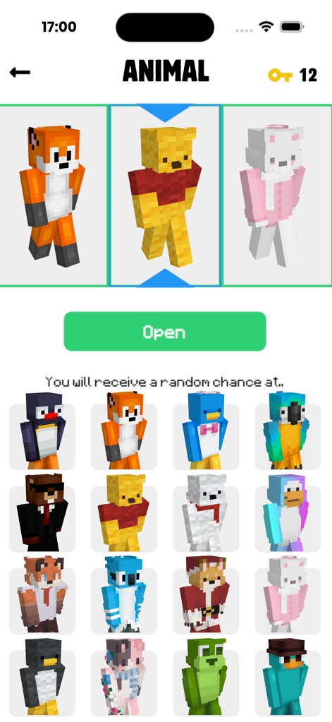 SkinCraft- Skins for Minecraft - Cette section offre une large palette de skins à thème animalier, permettant aux utilisateurs d'explorer des designs variés et d'obtenir de nouvelles apparences par un système de chance.