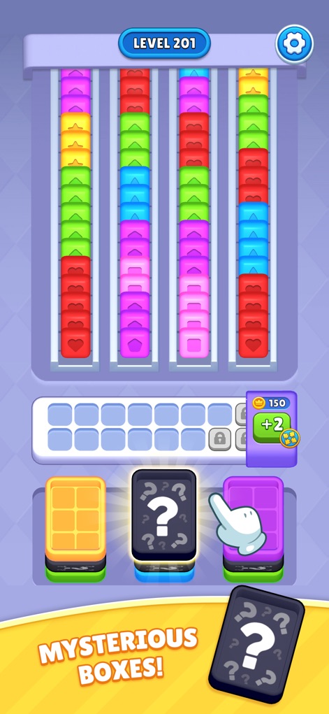 Sorting Cube Jam - At higher levels, users encounter 'Mysterious Boxes' and new patterned cube arrangements, increasing the game's strategic depth.