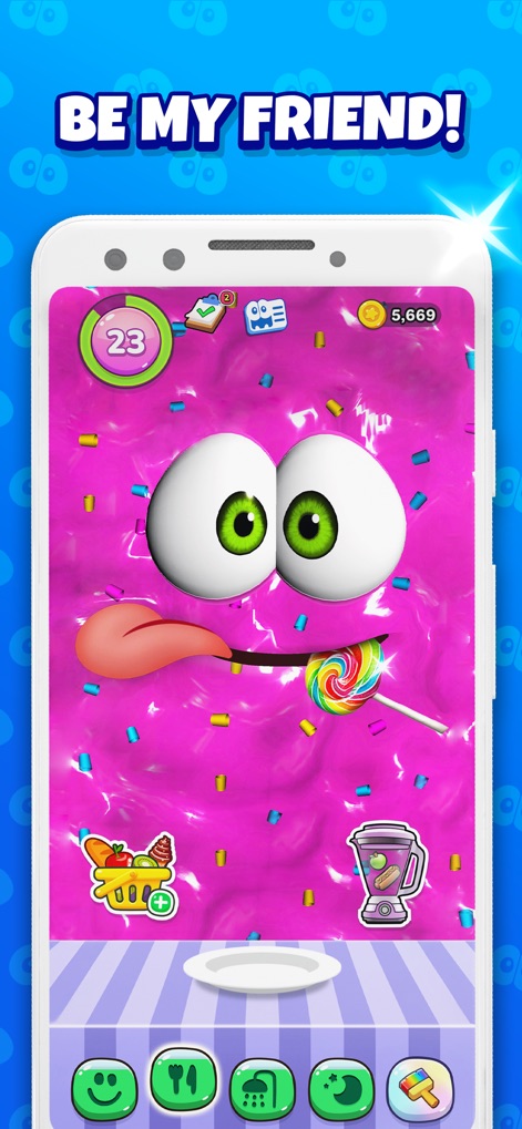 Bruno - My Talking Slime Pet - ユーザーはペットに甘いロリポップを与え、その喜ぶ姿を見ることができます。画面には、ペロリと舌を出すペットと、色とりどりのロリポップが描かれています。