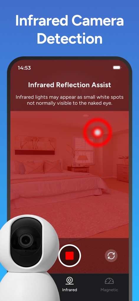 Hidden Camera Detector - Peek - 사용자는 이 앱의 '적외선 반사 보조' 기능을 통해 침실과 같은 환경에서 육안으로 보이지 않는 '적외선 반사광'을 시각적으로 감지할 수 있습니다.
