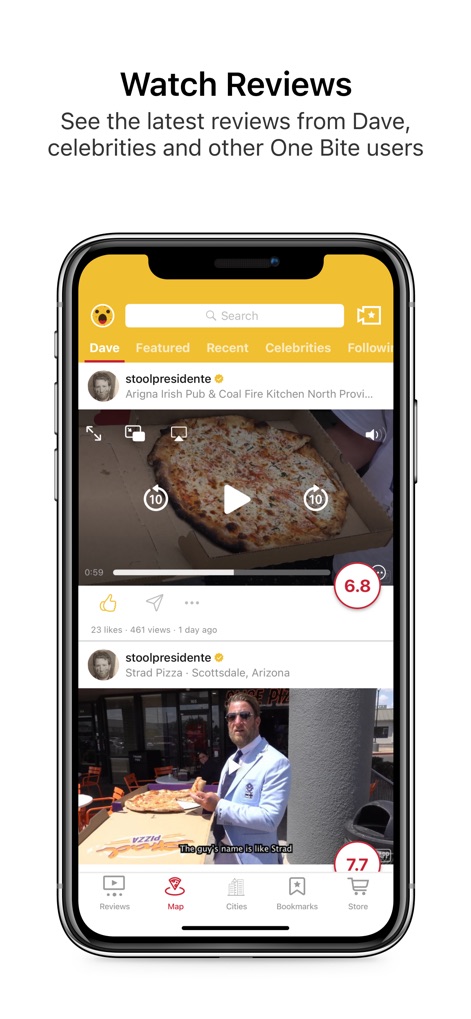 One Bite by Barstool Sports - Esta seção permite aos usuários assistir a vídeos de avaliações completas, organizados por categorias como 'Dave' e 'Celebridades', com a pontuação 'One Bite' claramente exibida.