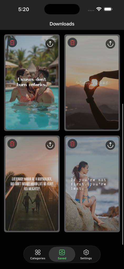 Status Save - この画面では、ユーザーが保存したステータス画像がタイル状に表示されており、各コンテンツには削除オプションとアップロード機能が備わっています。