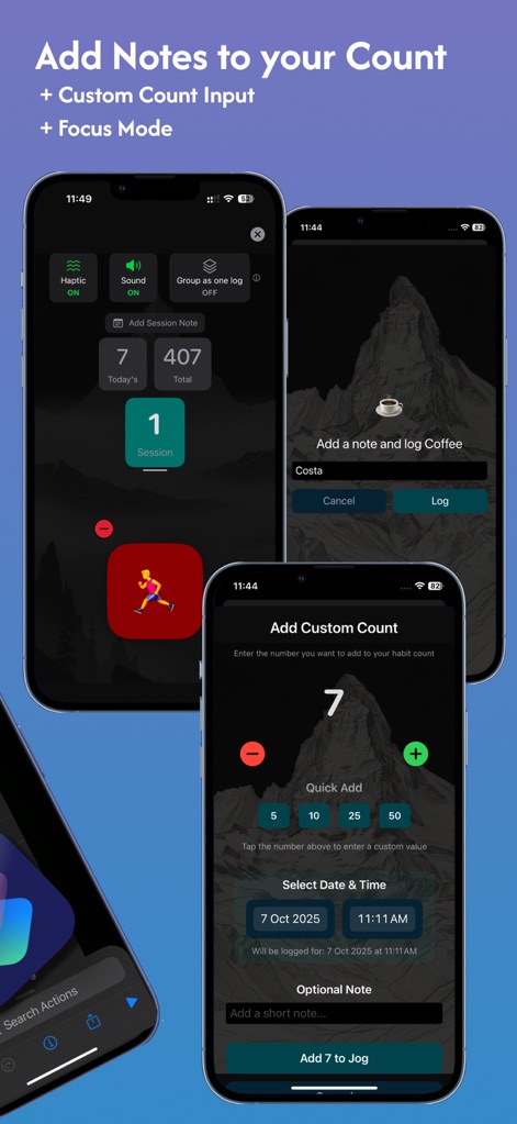 Habit Tracker Counter: CountIt - L'application permet d'ajouter des notes descriptives à chaque enregistrement et offre une saisie personnalisée pour un décompte précis de vos activités.