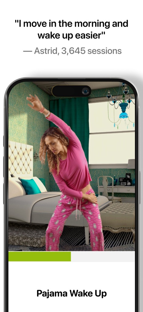 Wakeout! Desk Stretch & Energy - Découvrez des mouvements adaptés comme le "Pajama Wake Up" pour un réveil énergisant, démontrant l'intégration facile de l'application dans n'importe quel environnement, même la chambre.