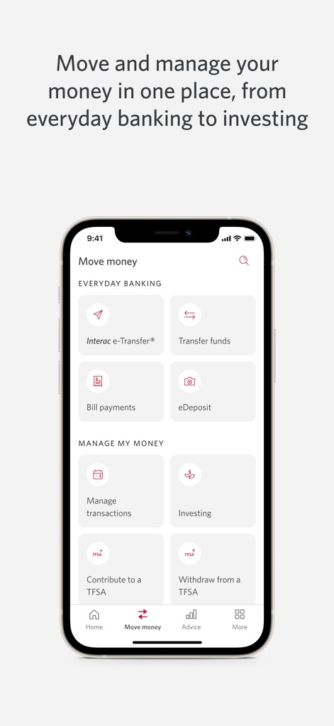CIBC Mobile Banking - The app presents clear categories for 'Everyday Banking' and 'Manage My Money', offering direct access to features like 'Interac e-Transfer' and 'Investing'.